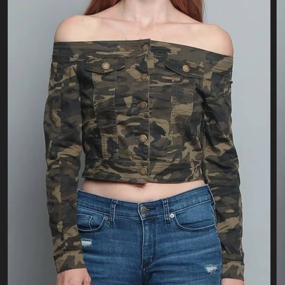 Camo Olive Jean Off-Shoulder Top